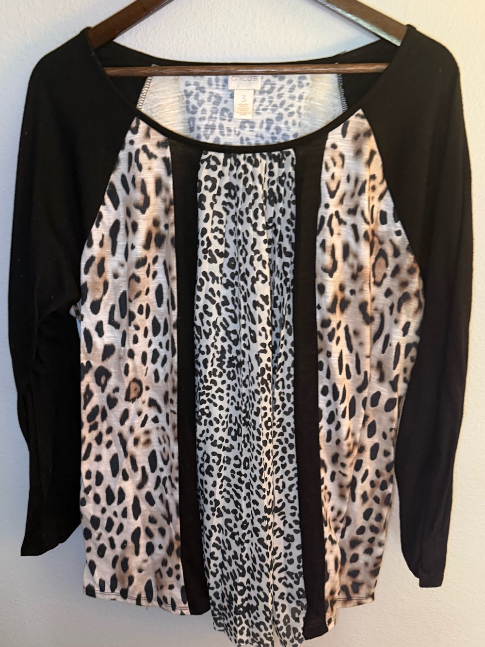 Chico's Black Long Sleeve Top with Beige & Black Leopard Panels